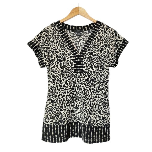 Alfani Tops - Alfani Black and Creamy Beige Floral Short Sleeve V Neck Blouse Top
